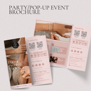 Puede incluir: Un folleto tr&iacute;ptico para un evento de joyer&iacute;a pop-up con un esquema de color rosa suave. El dise&ntilde;o incluye texto como PARTY/POP-UP EVENT BROCHURE, Scan to Pay y Host A Zap Party, junto con c&oacute;digos QR, iconos de redes sociales e im&aacute;genes de mu&ntilde;ecas.
