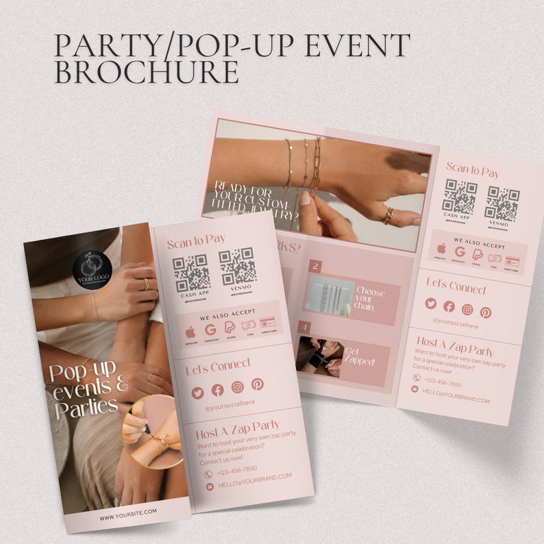 Puede incluir: Un folleto tr&iacute;ptico para un evento de joyer&iacute;a pop-up con un esquema de color rosa suave. El dise&ntilde;o incluye texto como PARTY/POP-UP EVENT BROCHURE, Scan to Pay y Host A Zap Party, junto con c&oacute;digos QR, iconos de redes sociales e im&aacute;genes de mu&ntilde;ecas.