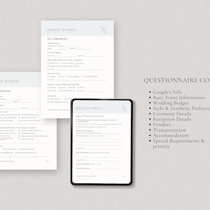 May include: Three printable wedding questionnaire covers with the text "The Ceremony", "The Reception", and "Guest Transportation". The covers are white with black text and a small logo in the top right corner. The text "QUESTIONNAIRE COVERS" is in black text on a white background with a list of topics covered in the questionnaires.
