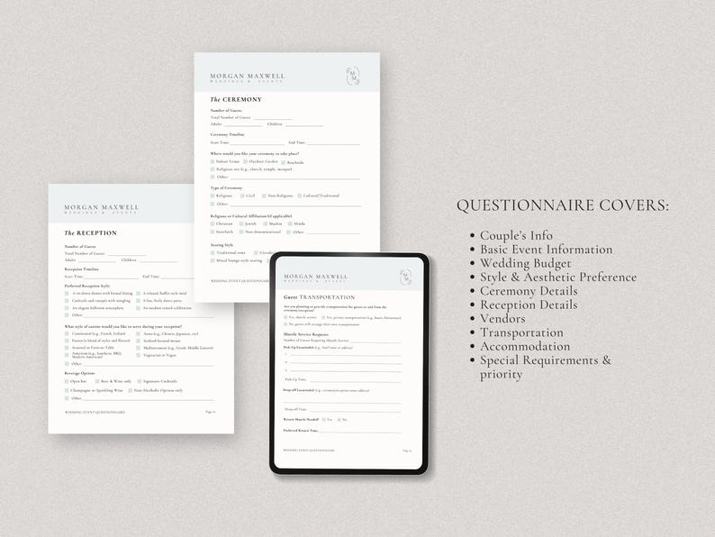 May include: Three printable wedding questionnaire covers with the text "The Ceremony", "The Reception", and "Guest Transportation". The covers are white with black text and a small logo in the top right corner. The text "QUESTIONNAIRE COVERS" is in black text on a white background with a list of topics covered in the questionnaires.