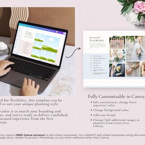 May include: A laptop computer displaying a wedding planning template on the screen. The template is customizable in Canva and features a list of personal flowers with a light blue background. The laptop is on a light brown surface with a hand reaching towards the keyboard.
