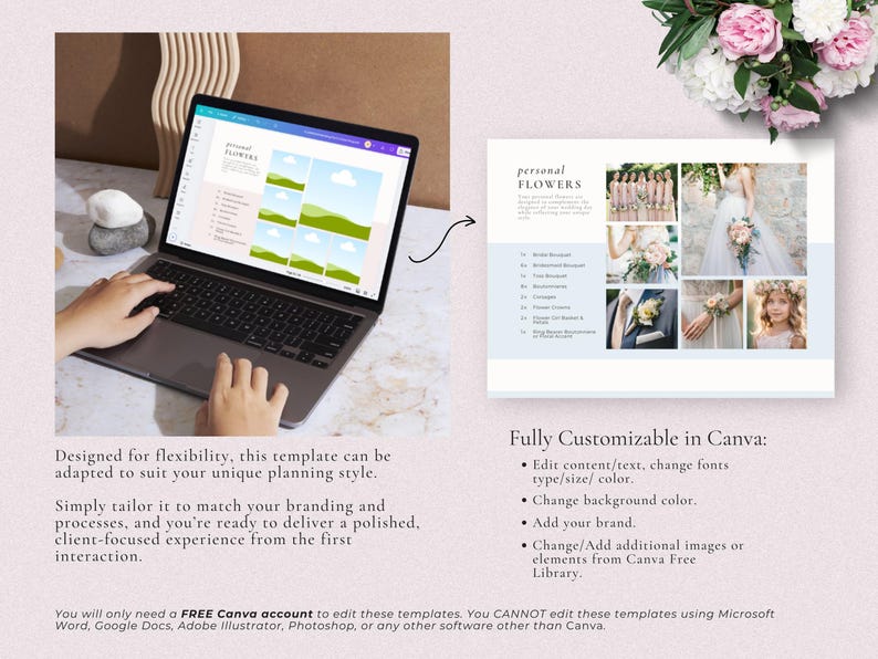 May include: A laptop computer displaying a wedding planning template on the screen. The template is customizable in Canva and features a list of personal flowers with a light blue background. The laptop is on a light brown surface with a hand reaching towards the keyboard.