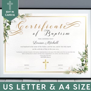 Plantilla de certificado de bautismo editable, certificado de recuerdo de bautismo para la familia, bautismo en agua personalizado del niño