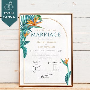 Heiratsurkunde Vorlage druckbare Heiratsurkunde Andenken, tropische Hochzeit, benutzerdefinierte Zertifikat bearbeitbar, tropisches Blumendesign