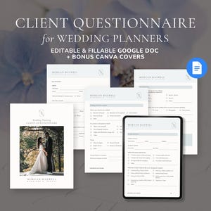 Op de afbeelding: Een verzameling vragenlijsten voor bruiloftplanner-klanten, waaronder een tablet met een formulier. De formulieren zijn licht van kleur met een minimalistisch ontwerp, met de tekst "Client Questionnaire" en "Morgan Maxwell". De afbeelding bevat een foto van een stel.