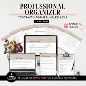 Contractsjabloon voor professionele thuisorganisatoren, klantintakeformulier, serviceovereenkomst voor organiseren, factuursjabloon, klantenvragenlijst