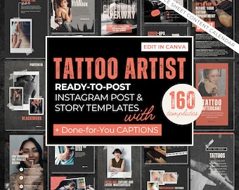 160 Tattoo Artist Instagram Template, Tattoo Practitioner Social Media Template, Instagram Templates for Tattoo Artist, Black Tattoo Posts