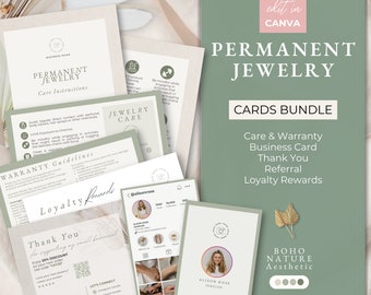 Permanent Jewelry Business Card Bundle with Permanent Jewelry Care and Warranty Card, Instagram Business Card Template for Permanent Jewelry