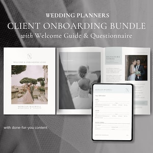 Può includere: Un pacchetto di onboarding per i clienti dei wedding planner con una guida di benvenuto e un questionario. Il pacchetto include una guida di benvenuto con una foto di una coppia in un ambiente romantico, un questionario per la firma della serata e una checklist per la pianificazione del matrimonio.