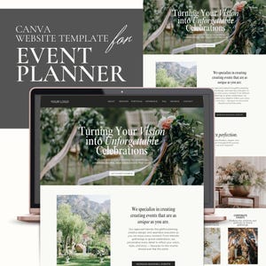 Peut inclure: Un modèle de site web pour un planificateur d'événements est affiché sur un ordinateur portable. Le design présente des arrangements floraux et le texte "Turning Your Vision into Unforgettable Celebrations". Le modèle est intitulé "Canva Website Template for Event Planner."