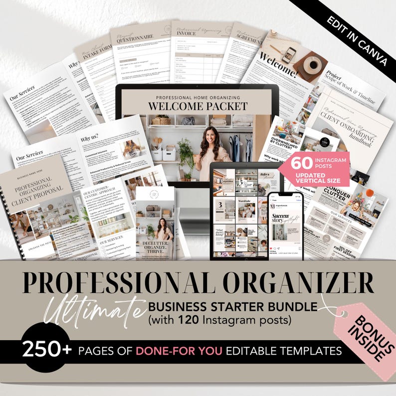 Puede incluir: Un paquete de plantillas de organizaci&oacute;n profesional, que incluye un paquete de bienvenida y propuestas para clientes. La imagen presenta una tableta y un tel&eacute;fono inteligente que muestran varios documentos, con el texto "Professional Organizer Ultimate Business Starter Bundle" y "250+ p&aacute;ginas de plantillas editables listas para usar."