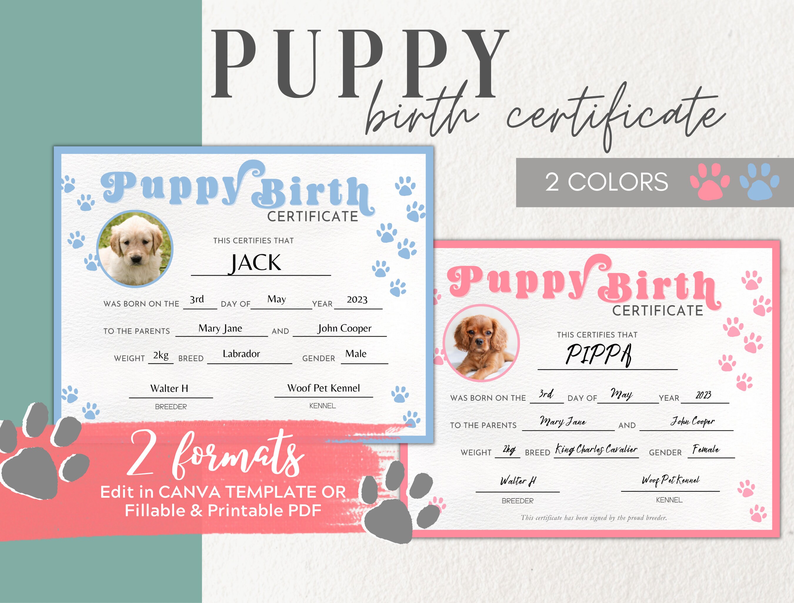 Birth Certificate for Puppy Printable Dog Birth Certificate Etsy