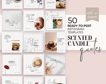 Op de afbeelding: Een verzameling van 50 kant-en-klare Instagram-sjablonen met citaten over geurkaarsen. De sjablonen hebben een minimalistisch ontwerp met afbeeldingen van kaarsen, bloemen en inspirerende tekst. De tekst bevat zinnen als "Scent", "Elegance" en "Find your calm".