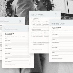 May include: A wedding planning checklist with the title "the VENDORS & collaborators" and sections for "Vendor Selection Requirements", "Special Notes", and "Additional Information".