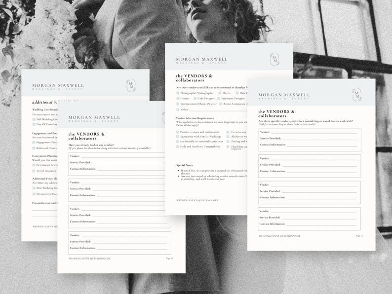 May include: A wedding planning checklist with the title "the VENDORS & collaborators" and sections for "Vendor Selection Requirements", "Special Notes", and "Additional Information".