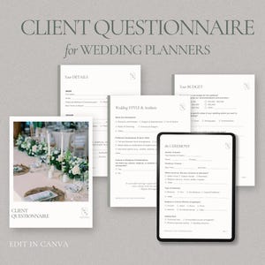 Könnte beinhalten: Eine Vorlage für einen Hochzeitsplaner-Fragebogen mit dem Text "CLIENT QUESTIONNAIRE for WEDDING PLANNERS" oben. Der Fragebogen ist in Abschnitte wie "Ihre Daten", "Ihr Budget", "Hochzeitstil & Ambiente" und "Die Zeremonie" unterteilt.
