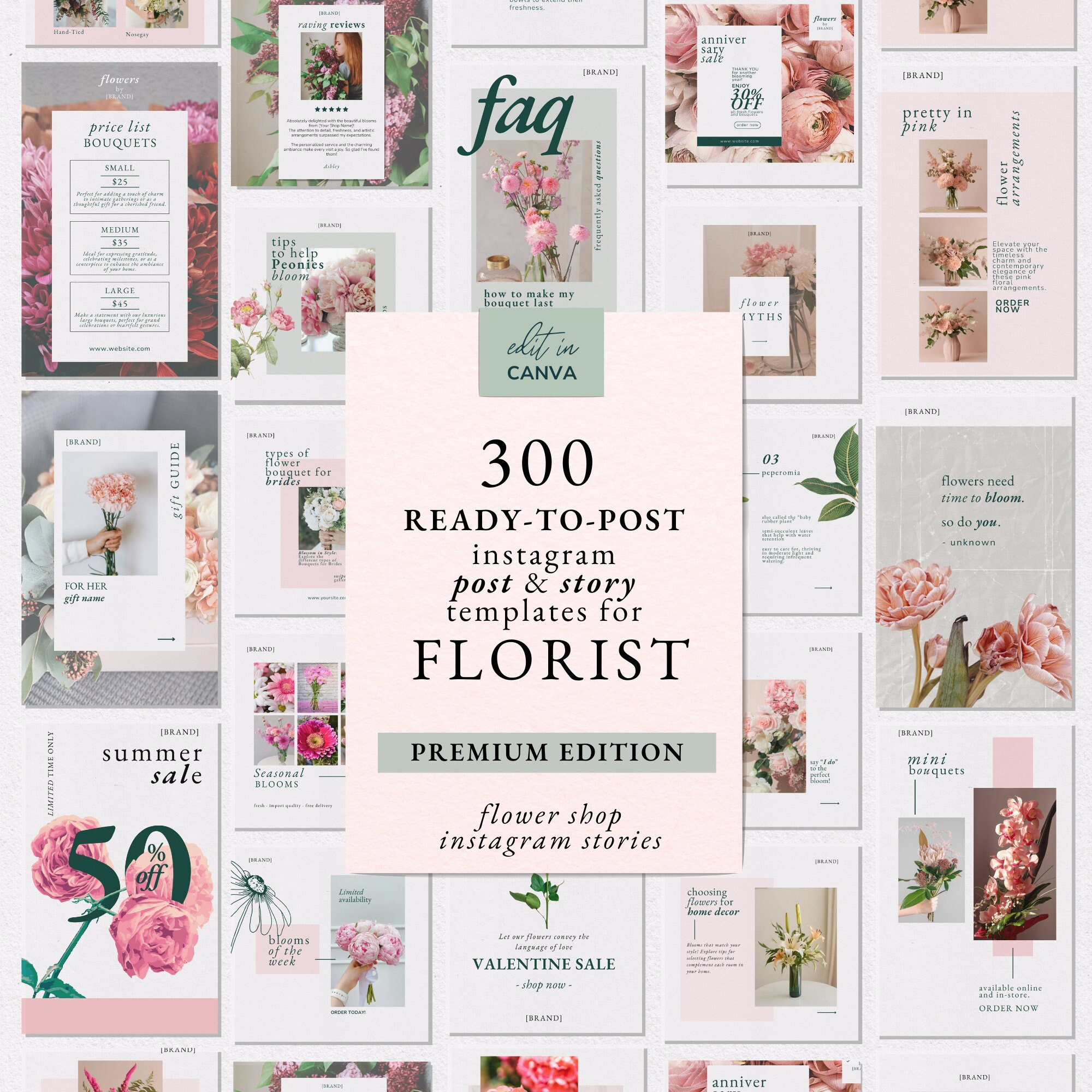 300 Flower Shop Instagram Post Template Pack, Flower Shop Social Media Template, Editable Canva Instagram Template for Flower Shop Business