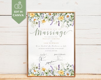 Wildflower Marriage Certificate Template, Keepsake Wedding Certificate (Digital Download)