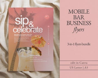 May include: A flyer for a mobile bar business with a tropical theme. The flyer features a glass of a tropical drink with a pineapple and a colorful umbrella. The text on the flyer reads "sip & celebrate" and "Elevate Your Event with Our Mobile Bartender Services!"  The flyer also includes a website address and a phone number.