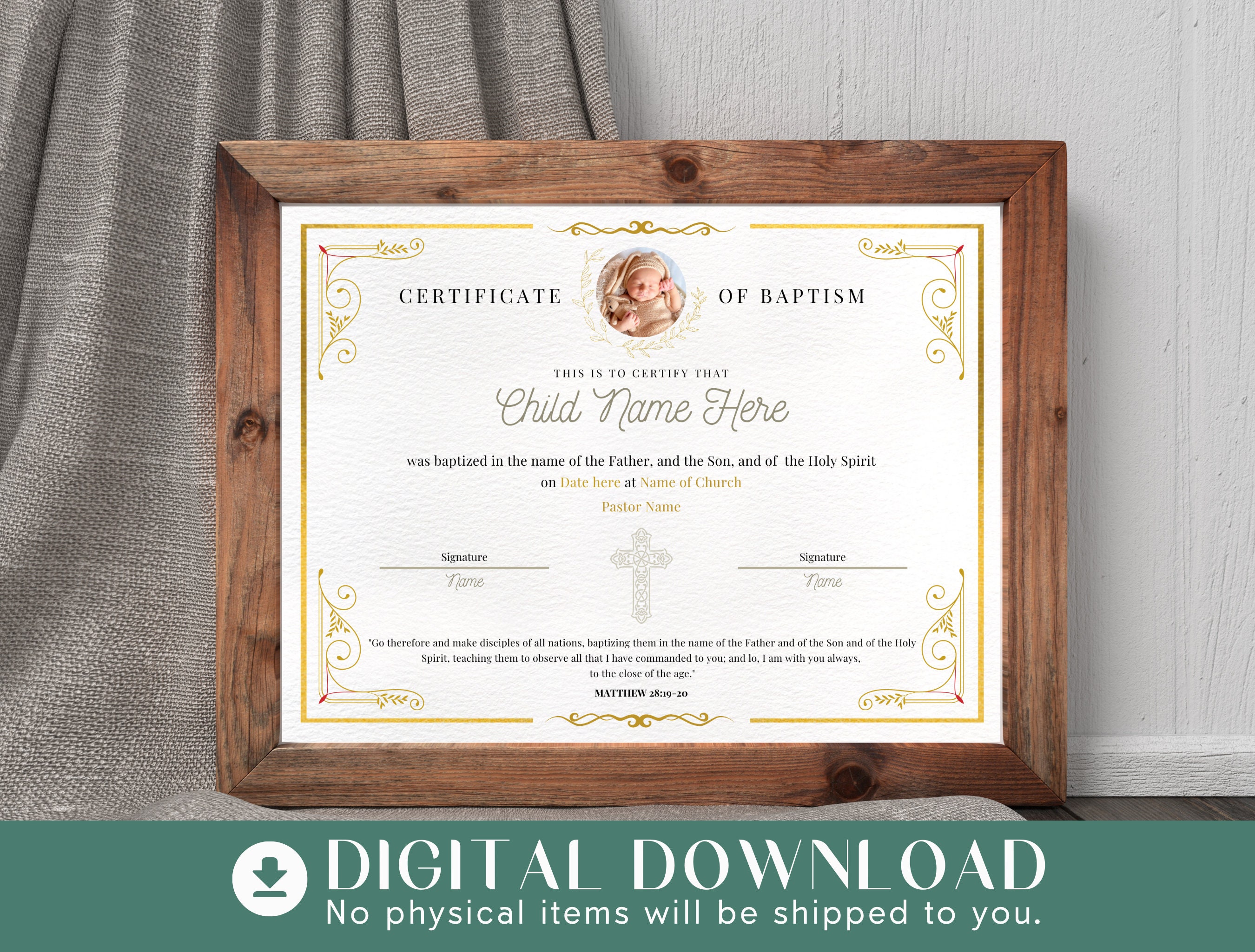 Editable baptism certificate template gold certificate of etsy