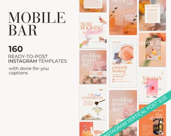 Plantillas de publicaciones e historias en redes sociales para bares móviles, publicaciones editables de bartenders en redes sociales, plantillas de Instagram para negocios de bares móviles