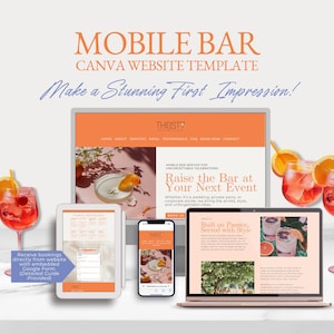 Peut inclure: Modèle de site web Canva pour un bar mobile, présenté sur un ordinateur portable, une tablette et un téléphone. Le design présente des accents orange et le texte "Mobile Bar" et "Make a Stunning First Impression !" Des cocktails sont affichés.