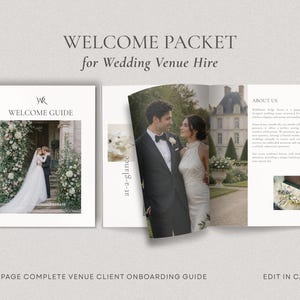 Pode incluir: Um pacote de boas-vindas para um local de casamento com o texto "WELCOME PACKET for Wedding Venue Hire". O pacote inclui um guia de boas-vindas com uma foto de um casal e uma brochura com fotos de um casal e um local. O texto "60-PAGE COMPLETE VENUE CLIENT ONBOARDING GUIDE" também é visível.
