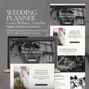 May include: A laptop screen shows a wedding planner website template. The design is elegant and professional, with the text "Where Elegance Meets Ever After." The template includes images of weddings and the words "Elegant, Effortless."