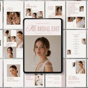 May include: A digital tablet displaying a bridal beauty price guide titled The Bridal Edit, featuring a central photograph of a person with an updo hairstyle, surrounded by a collage of multiple pages showcasing bridal makeup and hair services.