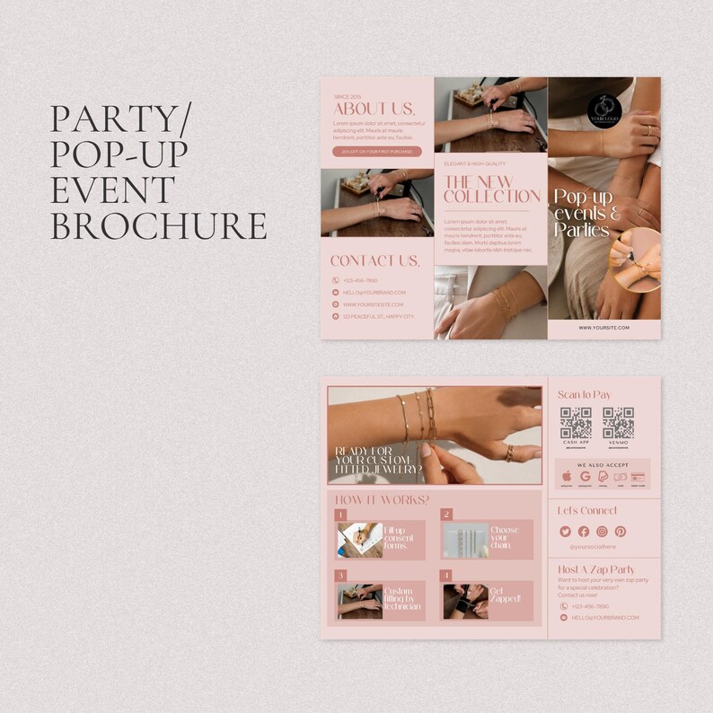Puede incluir: Una plantilla de folleto para fiestas y eventos pop-up en una paleta de colores rosa suave. El dise&ntilde;o presenta secciones tituladas About Us, The New Collection, Contact Us y How It Works, con texto, c&oacute;digos QR para pagos e iconos de redes sociales.