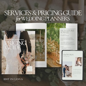 Könnte beinhalten: Ein Leitfaden für Hochzeitsplanungsdienste und Preise. Das Bild zeigt einen Preisleitfaden, eine Broschüre und ein Tablet mit dem Text "Kind Words". Der Text "Edit in Canva" ist ebenfalls sichtbar.