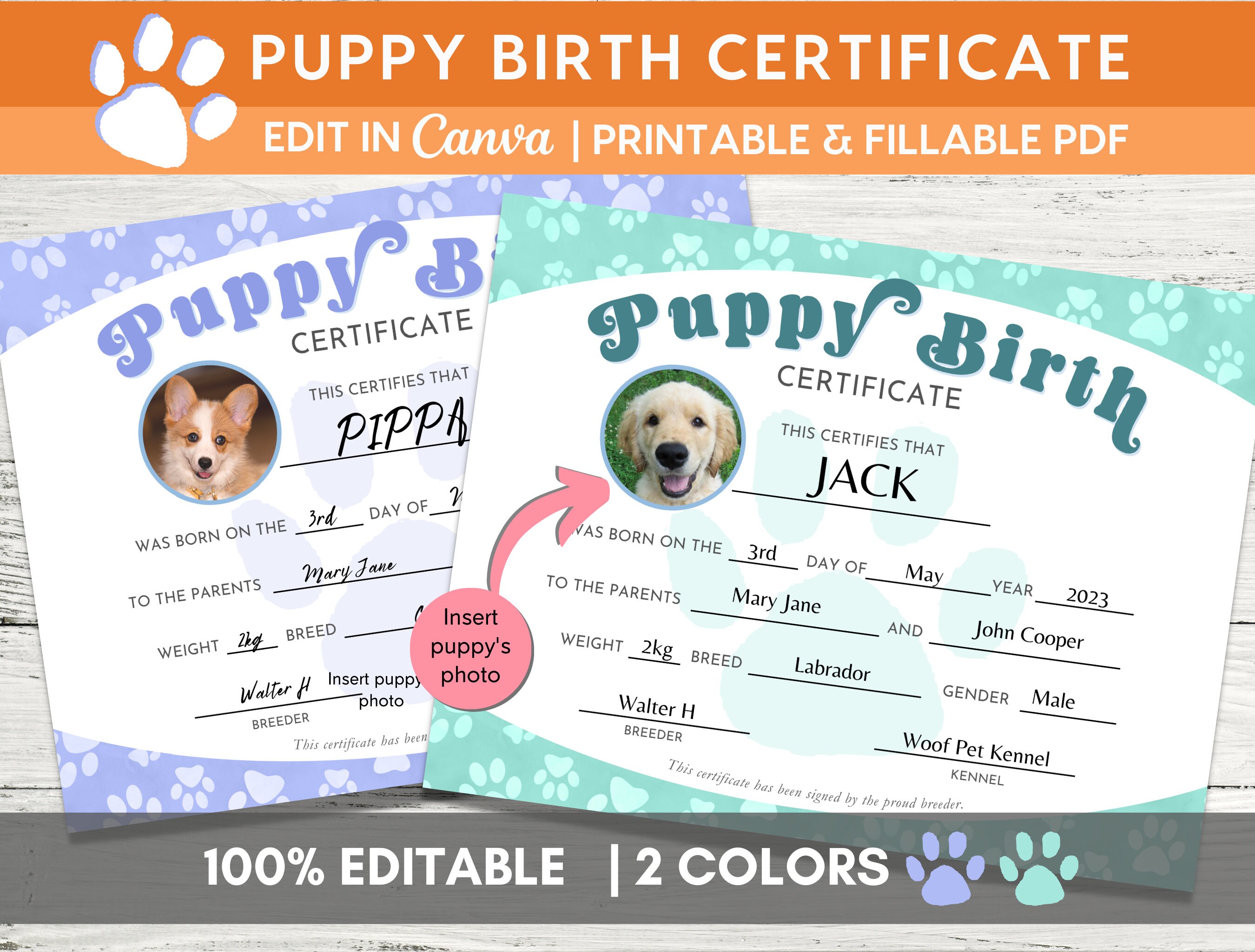 Printable Puppy Birth Certificate Dog Birth Certificate - Etsy