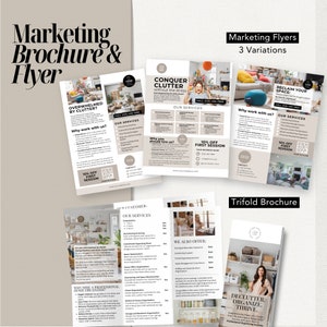 Puede incluir: Folleto y volante de marketing con el texto "Marketing Brochure & Flyer" y "Marketing Flyers 3 Variations". El folleto incluye el texto "Overwhelmed by Clutter?" y "Reclaim Your Space". El folleto tr&iacute;ptico tiene el texto "Declutter. Organize. Thrive."