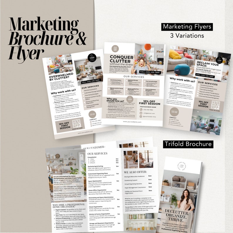 Puede incluir: Folleto y volante de marketing con el texto "Marketing Brochure & Flyer" y "Marketing Flyers 3 Variations". El folleto incluye el texto "Overwhelmed by Clutter?" y "Reclaim Your Space". El folleto tr&iacute;ptico tiene el texto "Declutter. Organize. Thrive."
