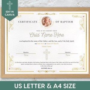 Plantilla de certificado de bautismo editable, certificado de oro de recuerdo de bautismo para la familia, bautismo en agua personalizado del niño