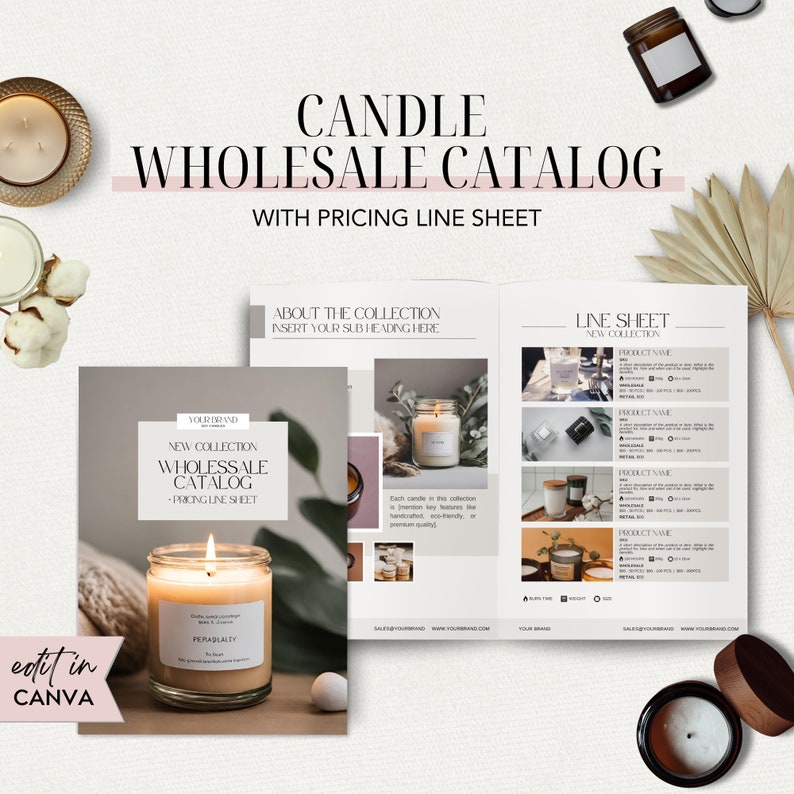 Candle Wholesale Line Sheet, Canva Wholesale Catalog Template, Business