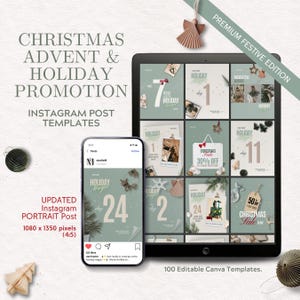 Plantillas de publicaciones navideñas de Instagram, calendario de adviento de Instagram, plantillas navideñas de Instagram en Canva, plantillas de Instagram para marketing navideño