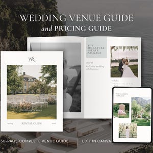 Op de afbeelding: Een gids voor trouwlocaties en prijzen met de tekst "WEDDING VENUE GUIDE and PRICING GUIDE". De gids bevat afbeeldingen van een trouwlocatie, een stel en een tablet met foto's van locaties. De gids is 38 pagina's.