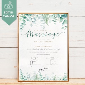 Heiratsurkunde Vorlage druckbare Heiratsurkunde Andenken, grüne Hochzeit, benutzerdefinierte Zertifikat bearbeitbar, Wildblumen Design
