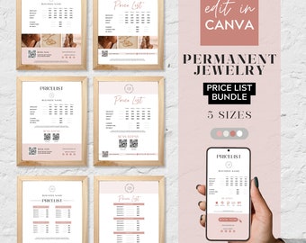 Permanente sieraden prijslijst sjabloon, bewerkbare Canva prijslijst sjabloon, afdrukbare prijslijst teken sjabloon voor permanente sieraden bedrijf