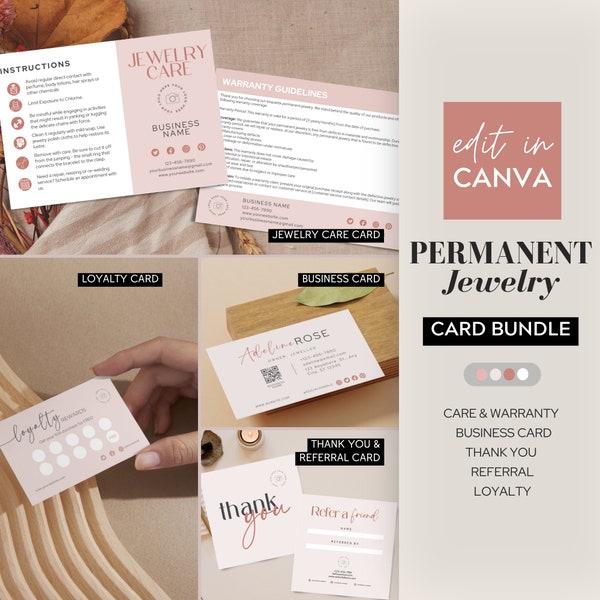 Permanent Jewelry Care Card Bundle, Permanent Jewelry Business Cards,  Permanent Jewelry Loyalty Card, Thank You Card