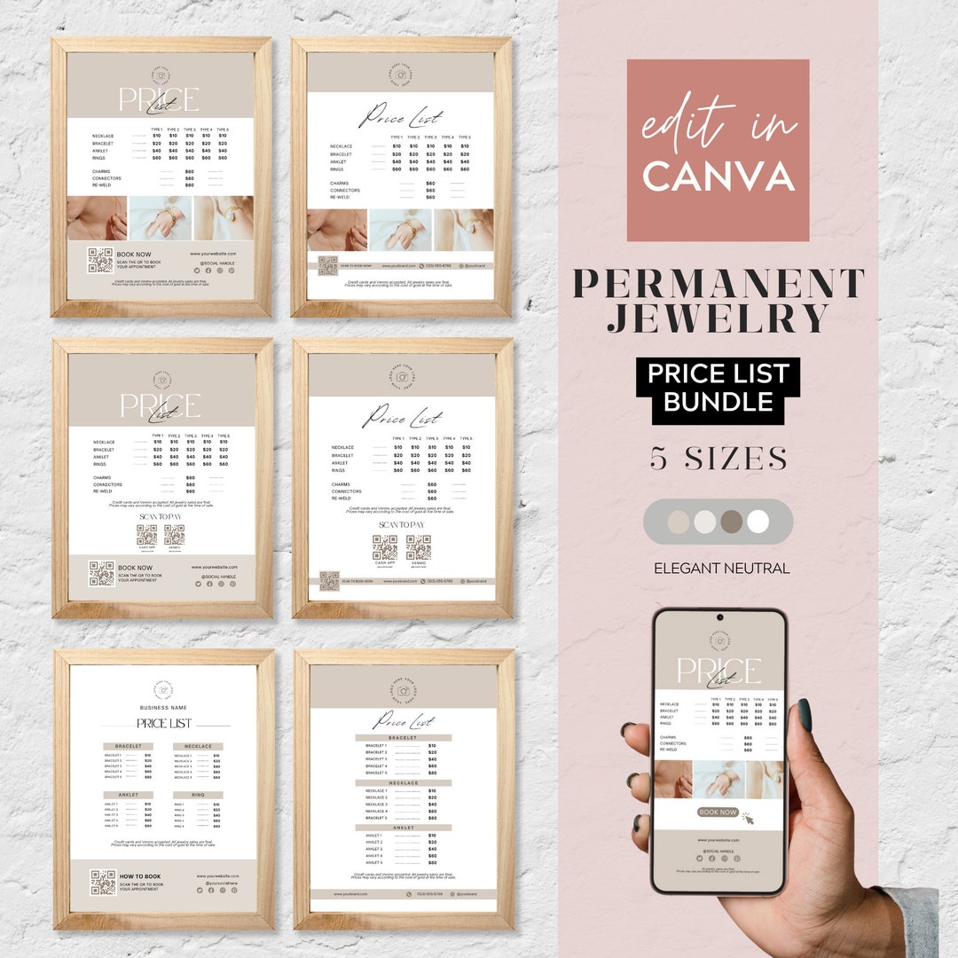 Editable Price List for Permanent Jewelry, Canva Price List Template