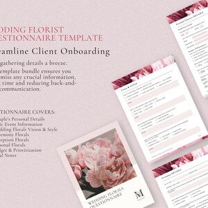 May include: A pink and white floral wedding questionnaire template with the text "Wedding Florals Questionnaire" and the letter "M" in a circle. The template is designed to help wedding florists gather information from their clients.