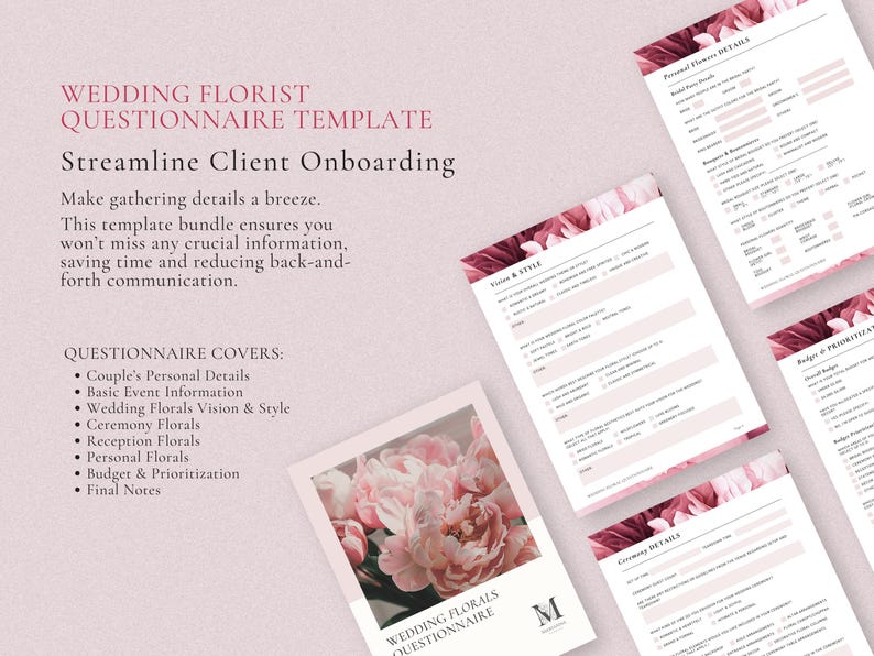 May include: A pink and white floral wedding questionnaire template with the text "Wedding Florals Questionnaire" and the letter "M" in a circle. The template is designed to help wedding florists gather information from their clients.