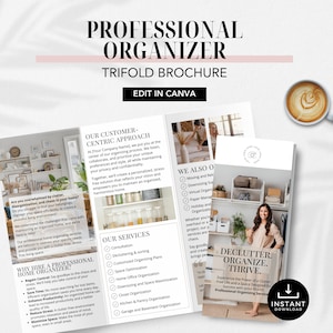 May include: A trifold brochure for a professional organizer. The brochure features a white background with a pink and green color scheme. The brochure includes the text "Professional Organizer", "Trifold Brochure", and "Edit in Canva". The brochure also includes a list of services offered by the professional organizer, such as consultation, decluttering and sorting, customized organizing plans, space optimization, home office organization, downsizing and space maximization, closet organization, kitchen and pantry organization, and garage and basement organization.
