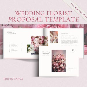 Pode incluir: Um modelo de proposta para florista de casamento com um índice e páginas de design floral. O documento inclui texto como Wedding Florist Proposal Template, The Maison Rosé collection e A Floral Design Proposal for Ben & Sophia.