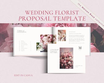 May include: A wedding florist proposal template featuring a table of contents and floral design pages. The document includes text such as Wedding Florist Proposal Template, The Maison Rosé collection, and A Floral Design Proposal for Ben & Sophia.