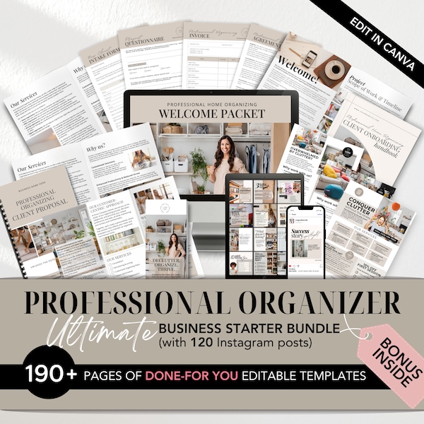 Professional Organizing Business Template Bundle with Instagram Posts for Home Organization, Contract, Intake Form, Proposal, Welcome Packet