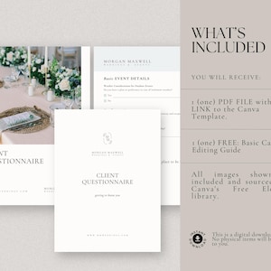 May include: A digital download of a client questionnaire template for wedding photographers. The template is designed in a minimalist style with a white background and black text. The template includes a link to a Canva template and a free basic Canva editing guide. The images shown are included and sourced from Canva's free elements library.