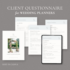 May include: A set of five printable wedding planner questionnaires in a modern, minimalist style. The questionnaires are titled "Client Questionnaire for Wedding Planners" and include sections for "Basic Details", "Wedding Style & Aesthetic", "The Ceremony", "The Reception", and "Budget".